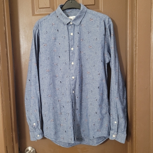 Frank + Oak chambray denim cotton print long sleeve button front shirt - Picture 11 of 11